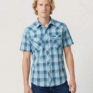 Wrangler Western Shirt Mens S Blue Plaid Pearl Snap Short Sleeve Cowboy Pockets